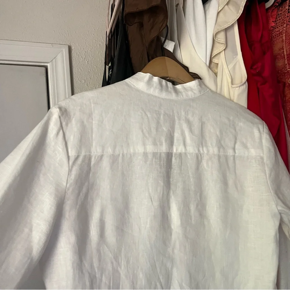 VISIBLE ART white linen mandarin collar button up long sleeve shirt‎